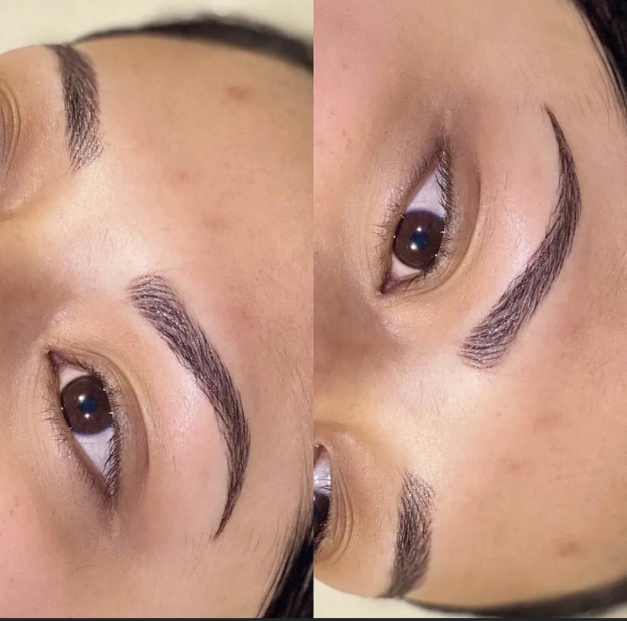 Side-by-side before and after of PMU feather brows — sparse then defined