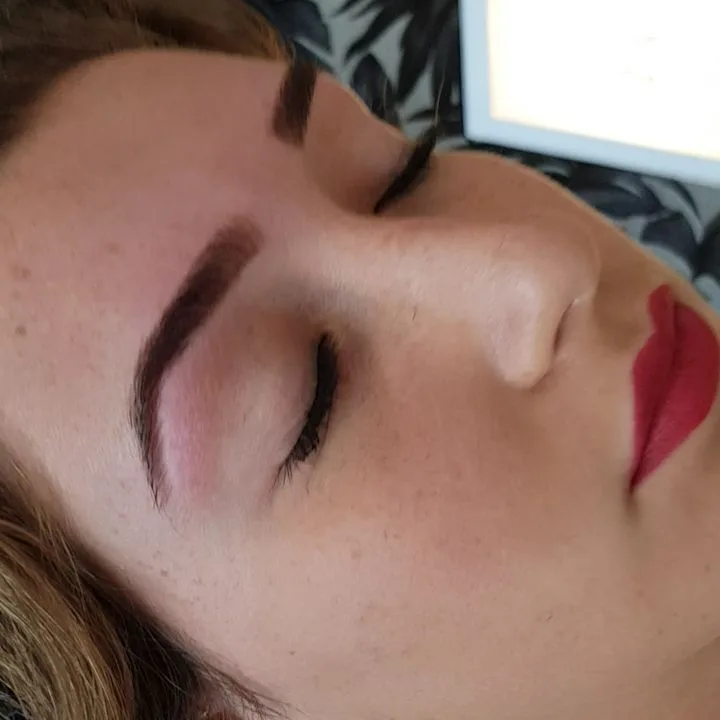 Makeover — defined PMU brows and bold red lip